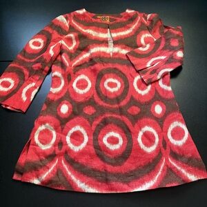Tory burch linen tunic geometric fall size 6 side zip brown‎ orange 3/4 sleeve